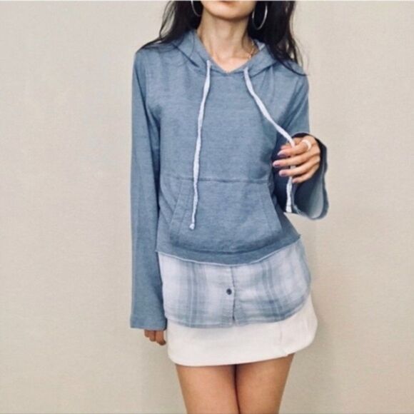 Cloth & Stone Size Large Sweatshirt Hoodie Chambray Blue Denim Plaid Layered - Picture 1 of 15